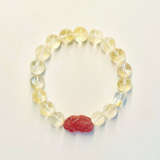 Strawberry Crystal Pi Xiu & Irregular Citrine with Yellow Aventurine Crystal Bracelet