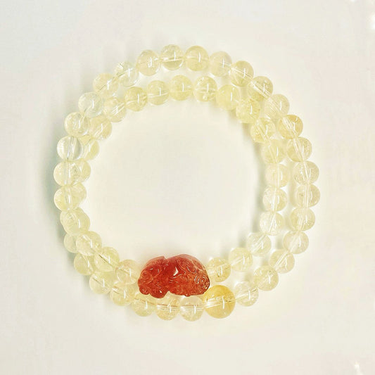 Strawberry Quartz Pi Xiu & Yellow Crystal Double Loop Bracelet